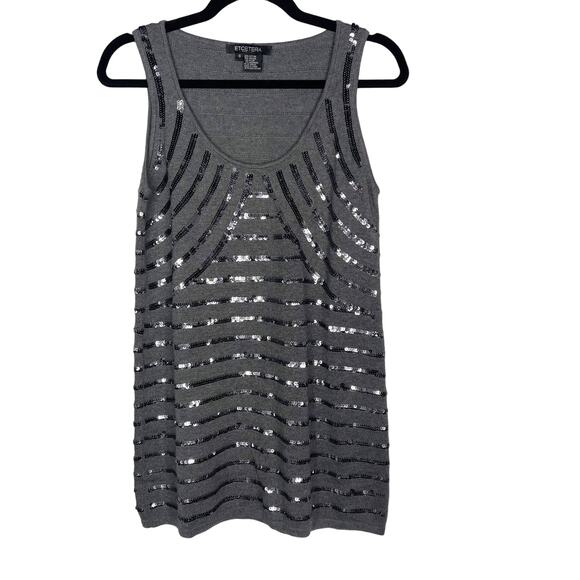 Etcetera S Gray Sequin Sleeveless Tunic Sweater Tank Scoop Neck Cotton Cashmere - Picture 1 of 7